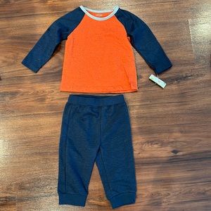 New-12 month baby boy Little Me 2 piece set, orange and dark blue. Long sleeve